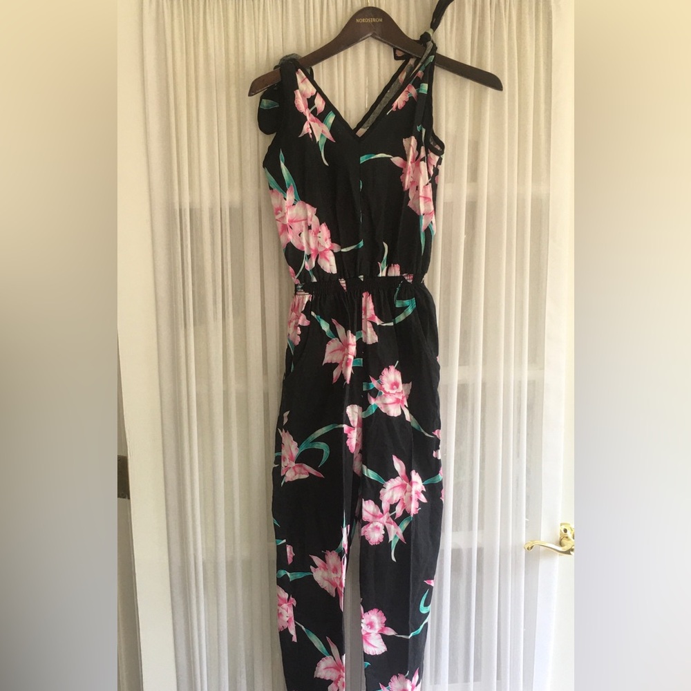 Black Floral Jumpsuit with Pink Blossoms